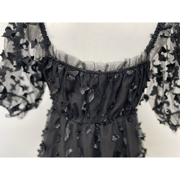 Thirty Thirty LA Black 3D Butterfly Puff Sleeve Babydoll Dress Women Large Sheer - Picture 3 of 14